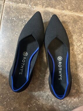 Rothy's Black Pointed Point II Knit Flats with Blue Trim